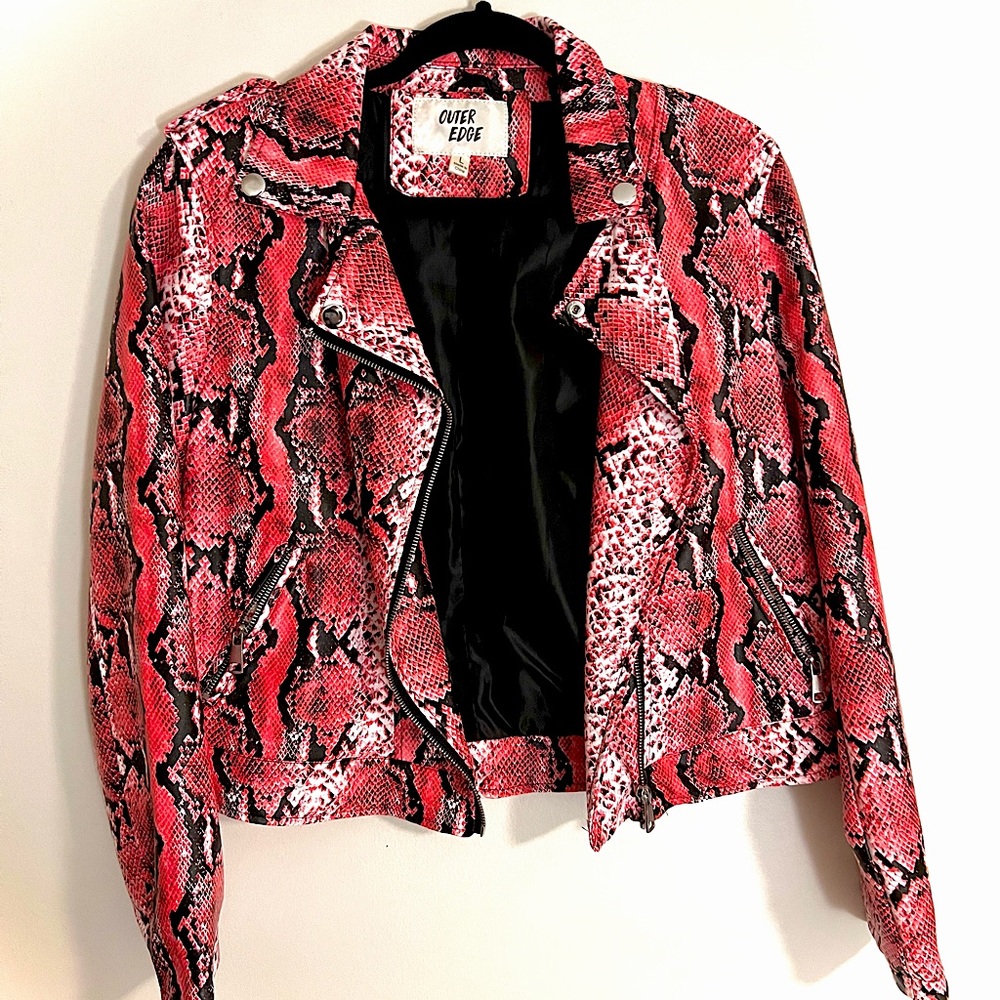 Vegan Faux LeatherJacket Pink Snakeskin Print Outer Edge